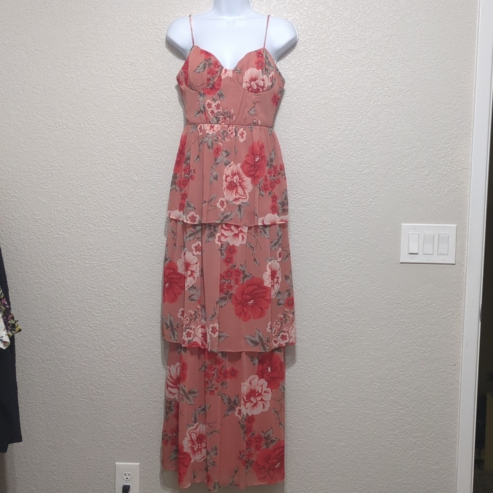 Crystal Doll pink floral sleeveless tiered ruffled maxi dress